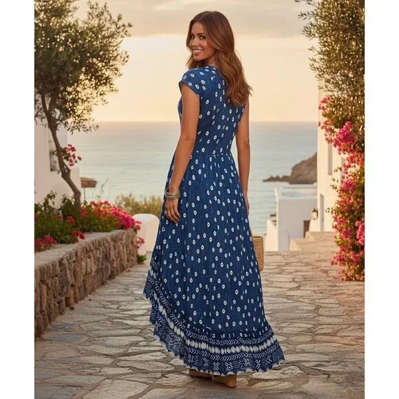 Jen's Pirate Booty Blue Paisley Print Boho High Low Maxi Dress Coastal Cowgirl S